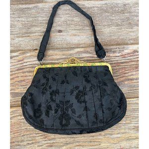 Antique 1930s Black Brocade Purse Painted Enamel Floral Frame